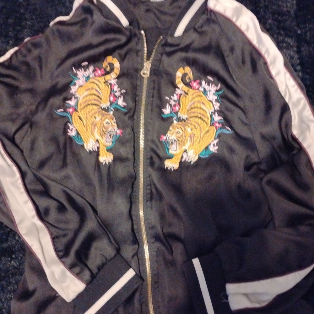 Divided Black Bomber Jacket with Tiger Embroidery